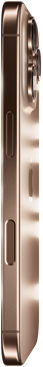 Vista lateral de un iPhone 16e blanco, bordes laterales exteriores, Botón de Acción, botones de volumen y cámara trasera Fusion