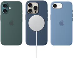 Distintos accesorios MagSafe para el iPhone. Funda de silicón con MagSafe para el iPhone 16, verde lago, funda de silicón con MagSafe para el iPhone 16 Pro, azul denim, conectada a un cargador MagSafe, blanco, funda de silicón para el iPhone 16e, azul invierno